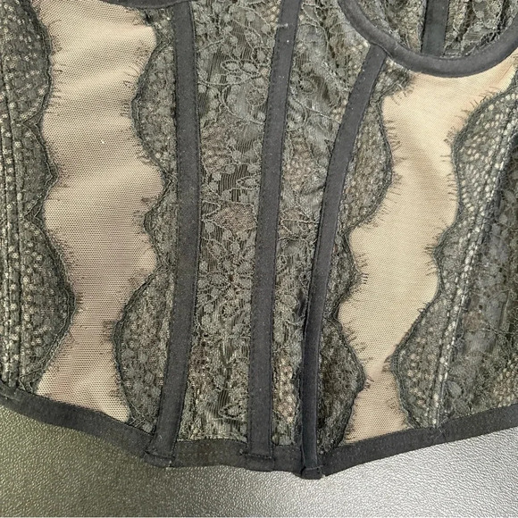 Women’s Small Corset Black Taupe Boned Lace Dark Romantic‎ Whimsigoth Coquette - Picture 6 of 12